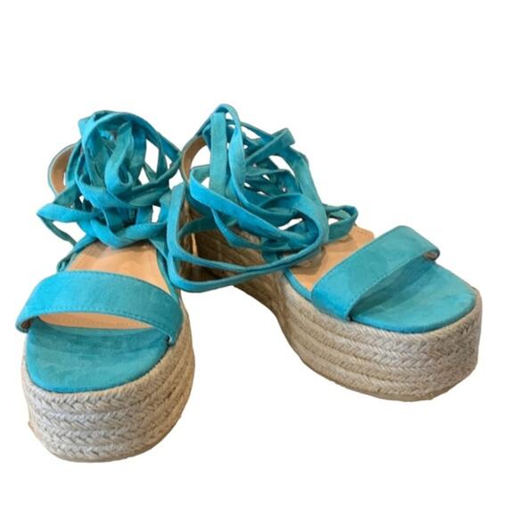 Fashion Nova espadrilles flats ankle leg ties single toe strap turquoise blue 9 - Picture 5 of 11